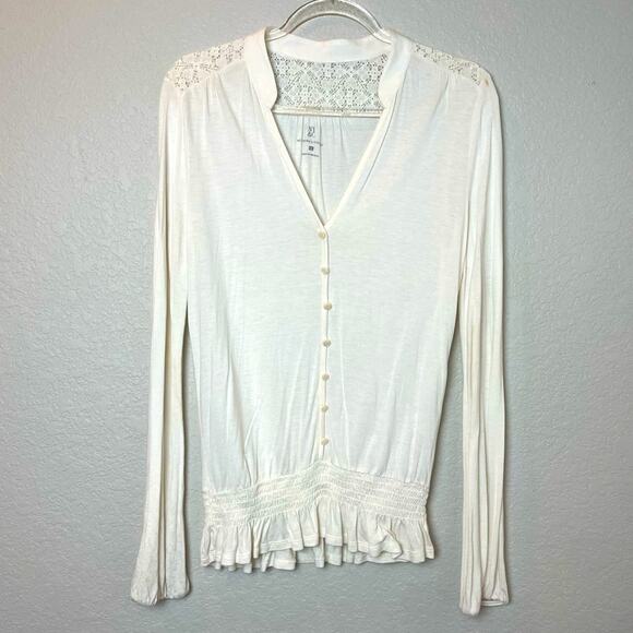 NY&Co Bright Cream Faux Button Down Stretchy Top w/ Lace Back Panel Size M - Picture 1 of 8